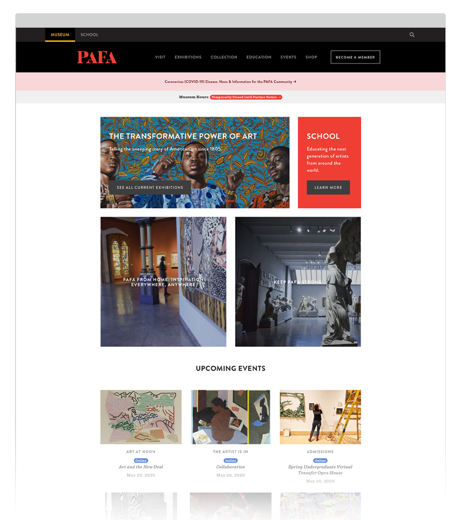 PAFA website homepage.