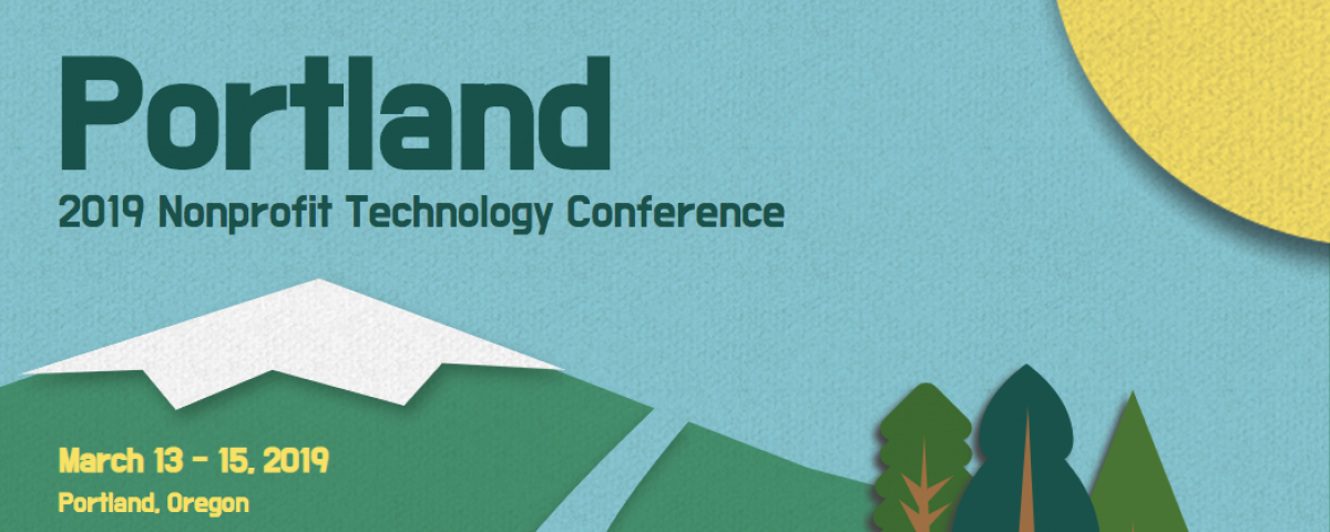 Nonprofit Technology Conference Banner with mountain, sky, sun, and pine trees