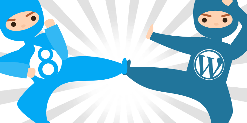 Drupal ninja character fighting with a WordPress ninja character