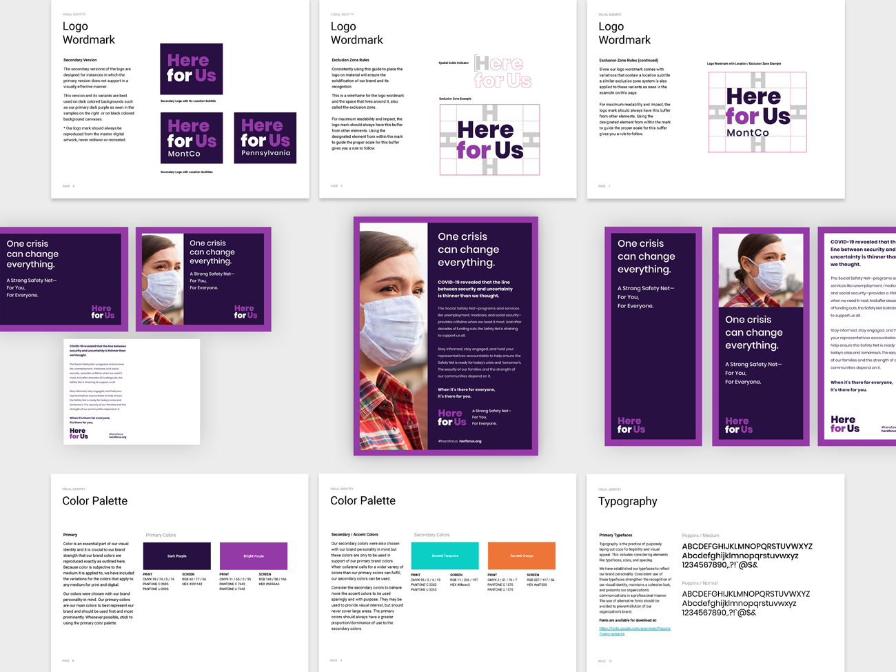 Collage of visual identity and collateral system for the Here for Us campaign