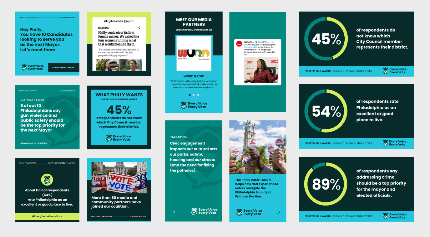 collage of social media graphic templates for the Every Voice, Every Vote campaign
