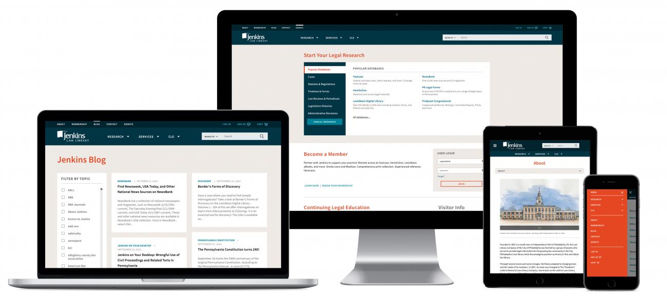Jenkins Law Library website on laptop, desktop, tablet, and mobile