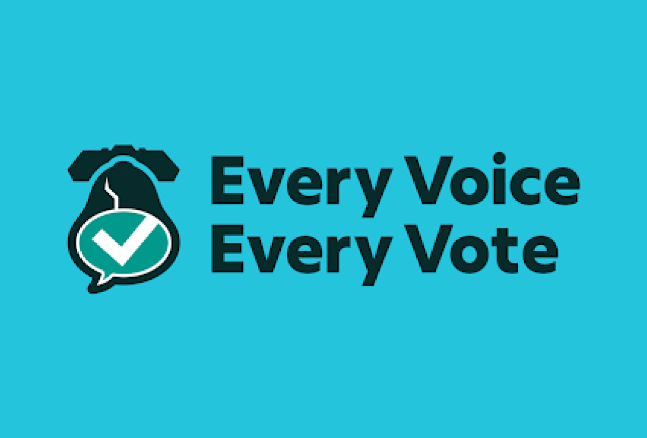 Every Voice Every Vote logo featuring the Liberty Bell with a checkmark in the bell's opening. 